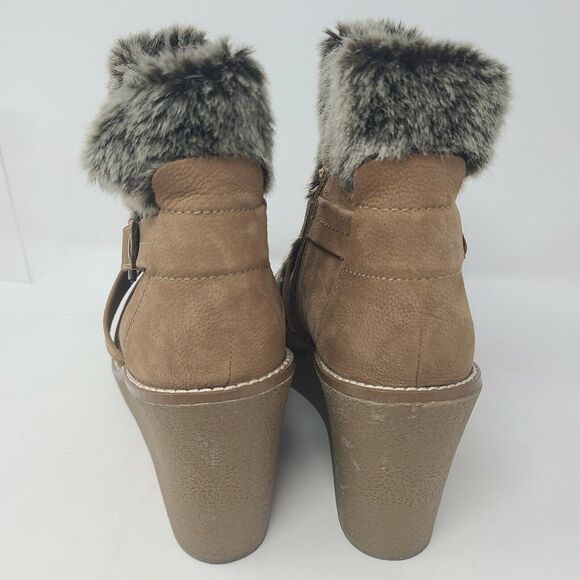Fergie Tan Brown Suede And Fur Wedge Ankle Boots 7M Booties Side Zip Eskimo - Picture 4 of 7